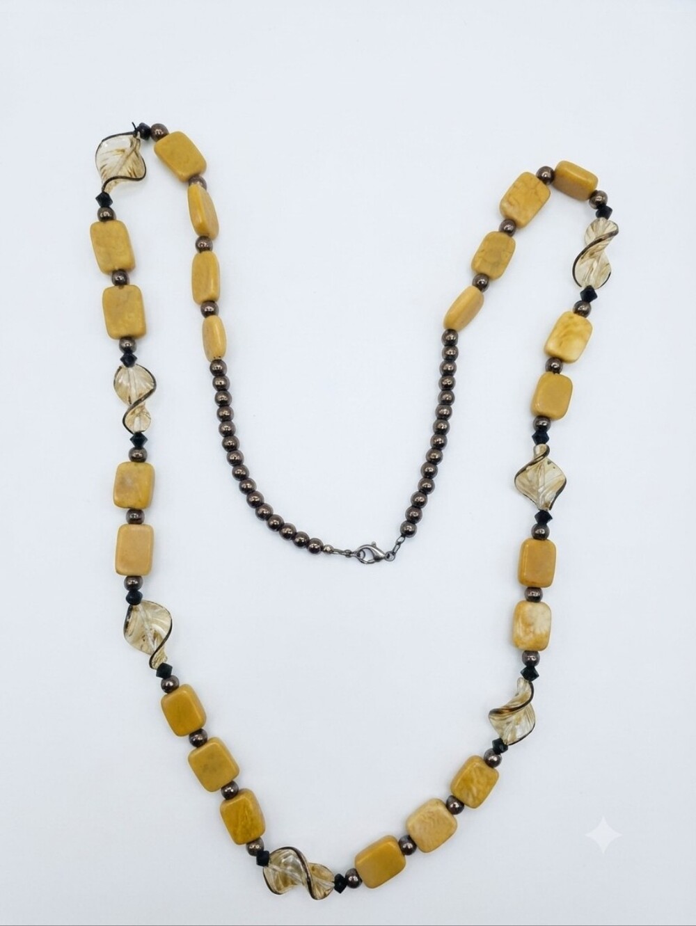 Stunning Vintage Earthy Yellow Stone & Metallic Beaded Statement Necklace